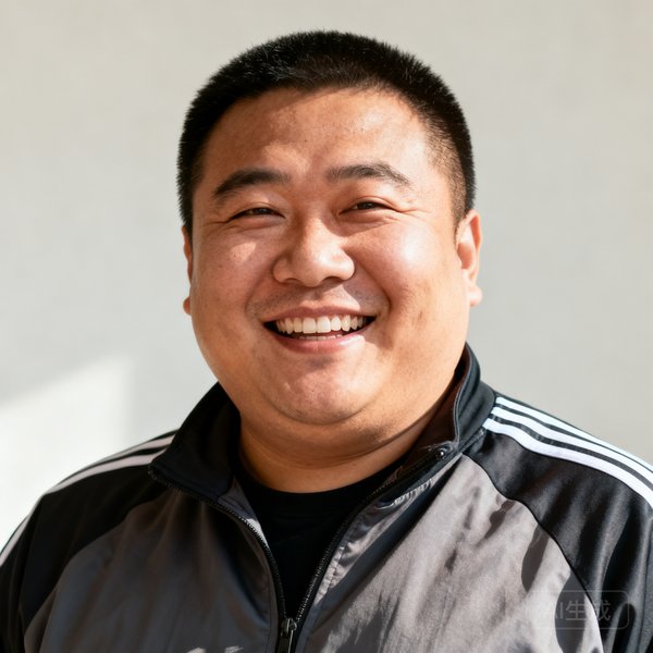 赵鹏，天天盈球体育内容总监，身材微胖，穿着运动夹克，带着开朗笑容的38岁亚洲男性